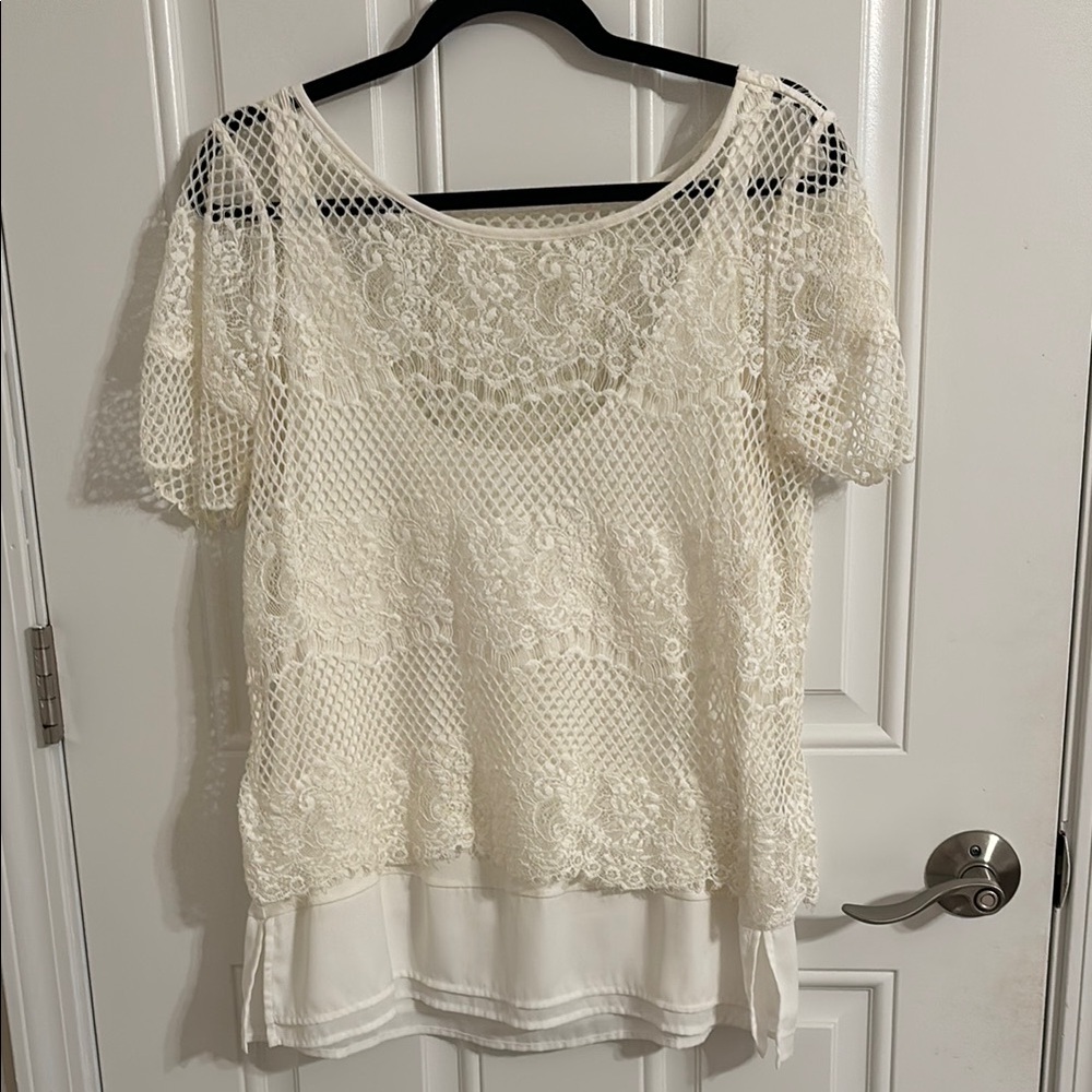White House Black Market Cream Cropped Tiered Blouse